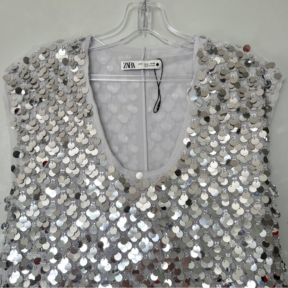 Zara Silver Sequin Sleeveless Top Blouse Size S (NWOT) - Picture 3 of 9